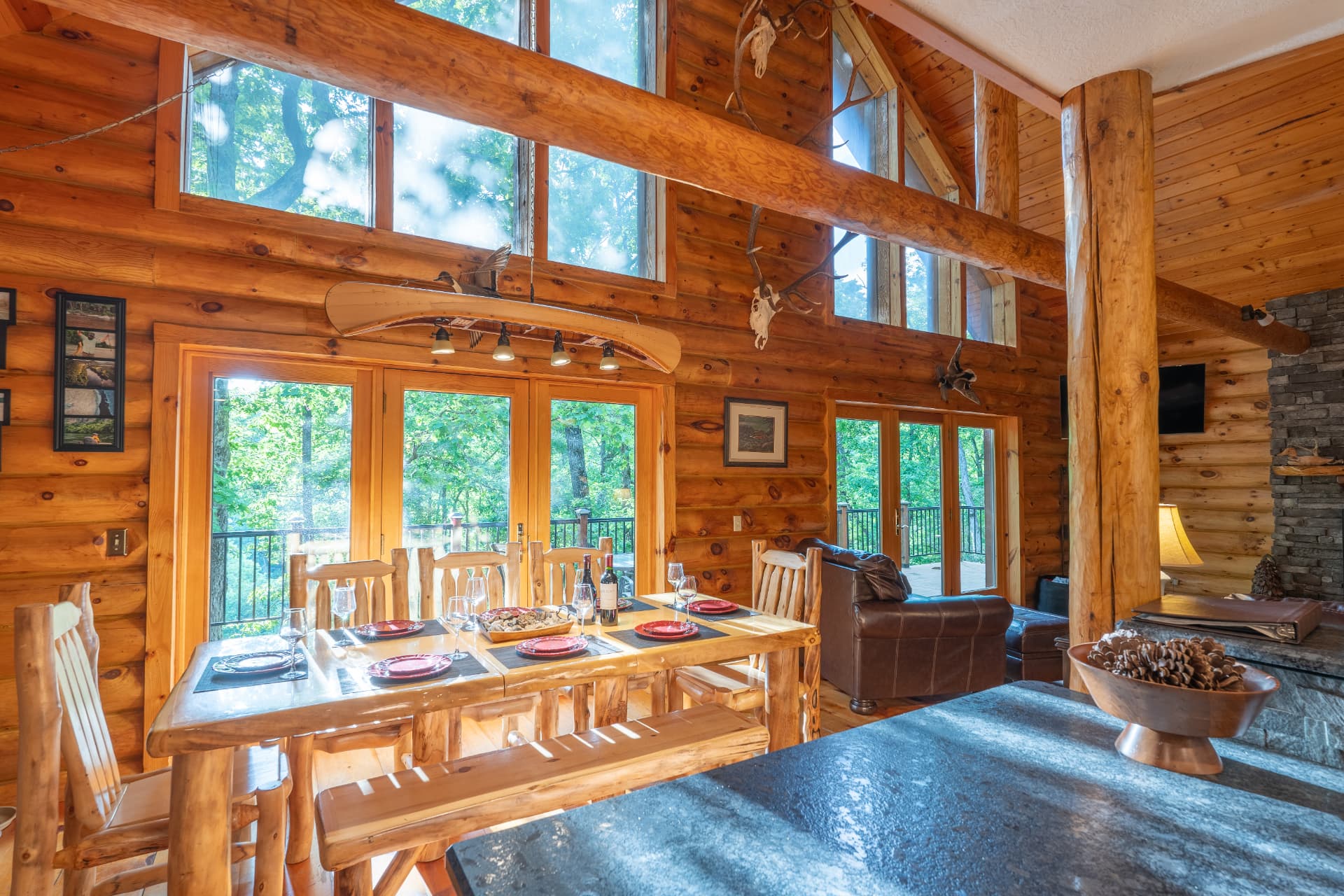 Log cabin dining area staged for a property shoot