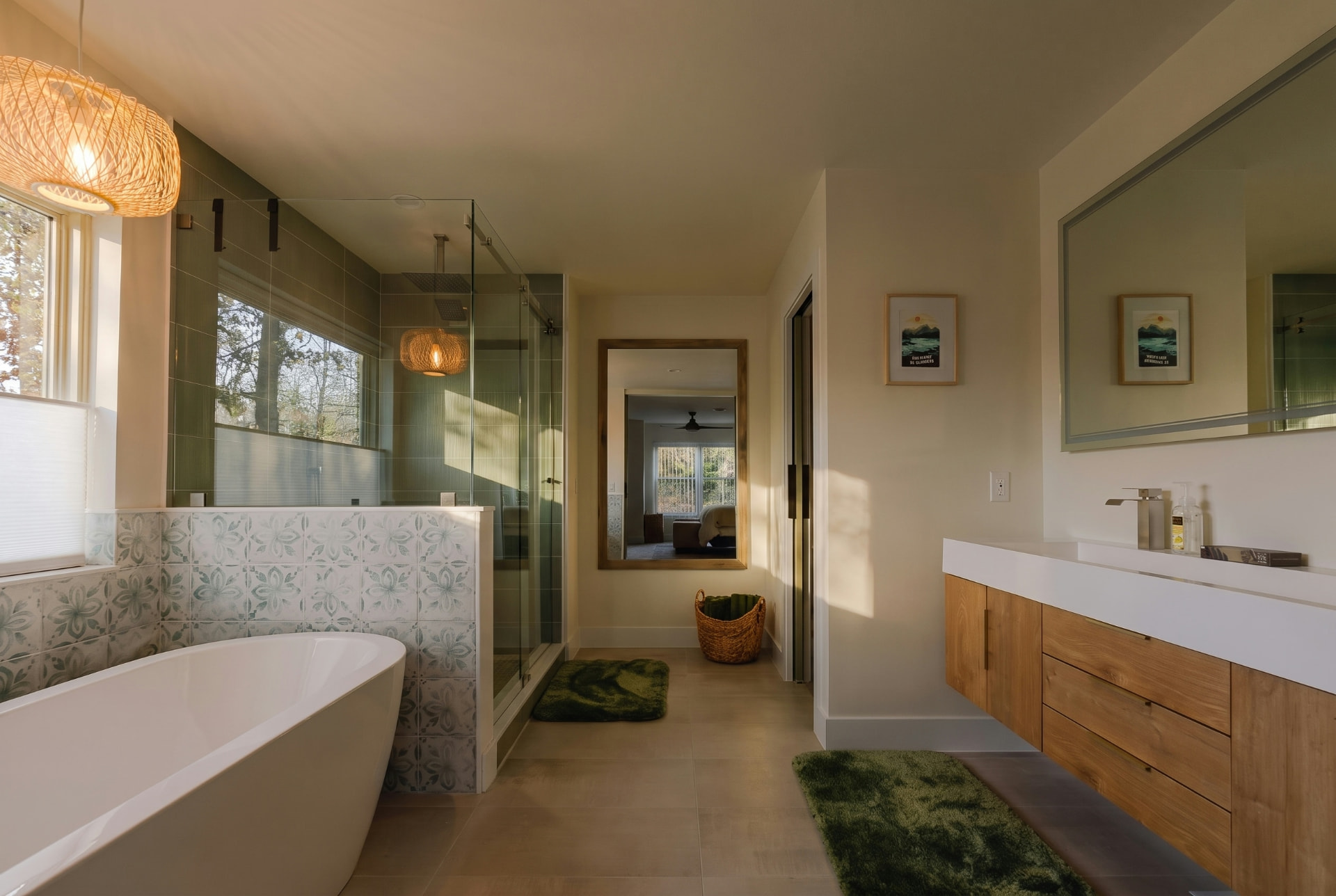 Modern bathroom with soaking tub and walk-in shower