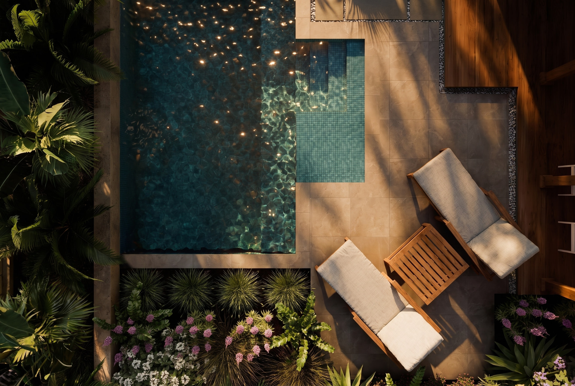 Drone aerial view of a luxury backyard and pool