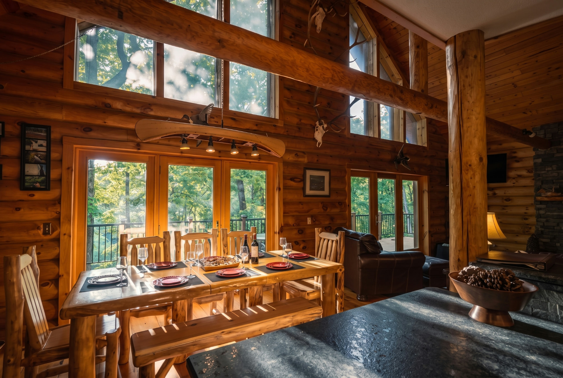 Log cabin dining area staged for a property shoot