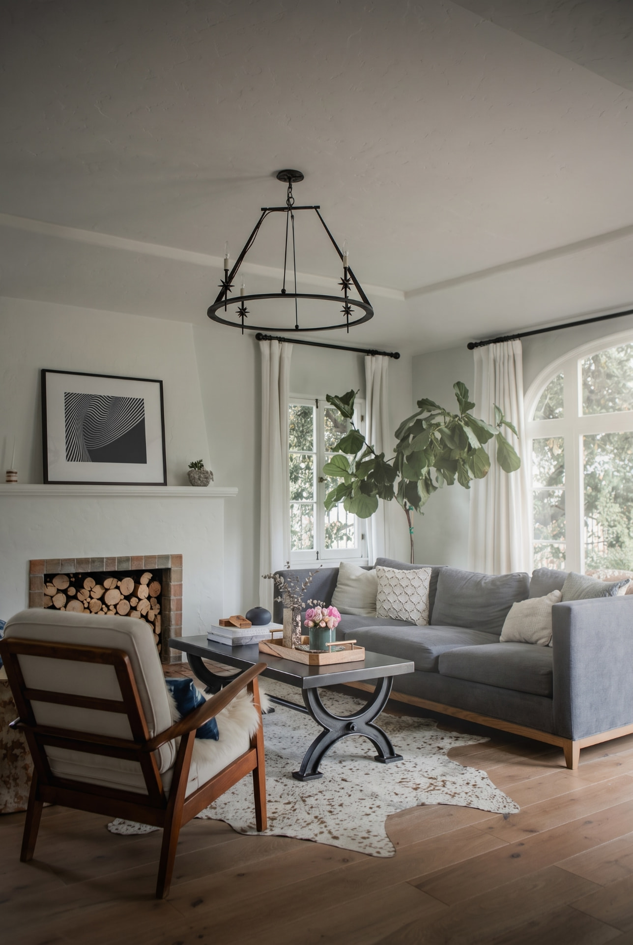 Hand-blended living room photograph with fireplace